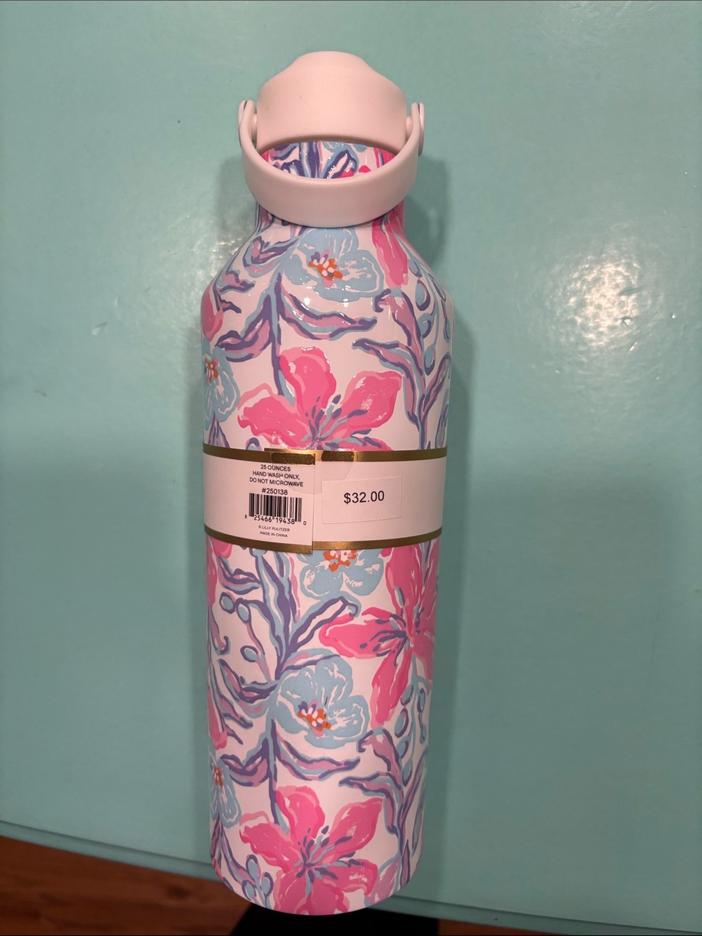 Lilly Pulitzer Pink & Light Blue Floral Water Bottle with Gold Logo - Picture 2 of 5